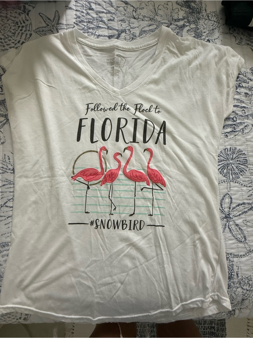 Florida Flamingo Graphic V-Neck Tee - White, Pink